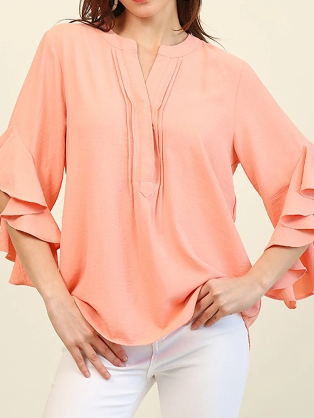 Vince Camuto Peach Tiered Ruffle Sleeve V-Neck Blouse